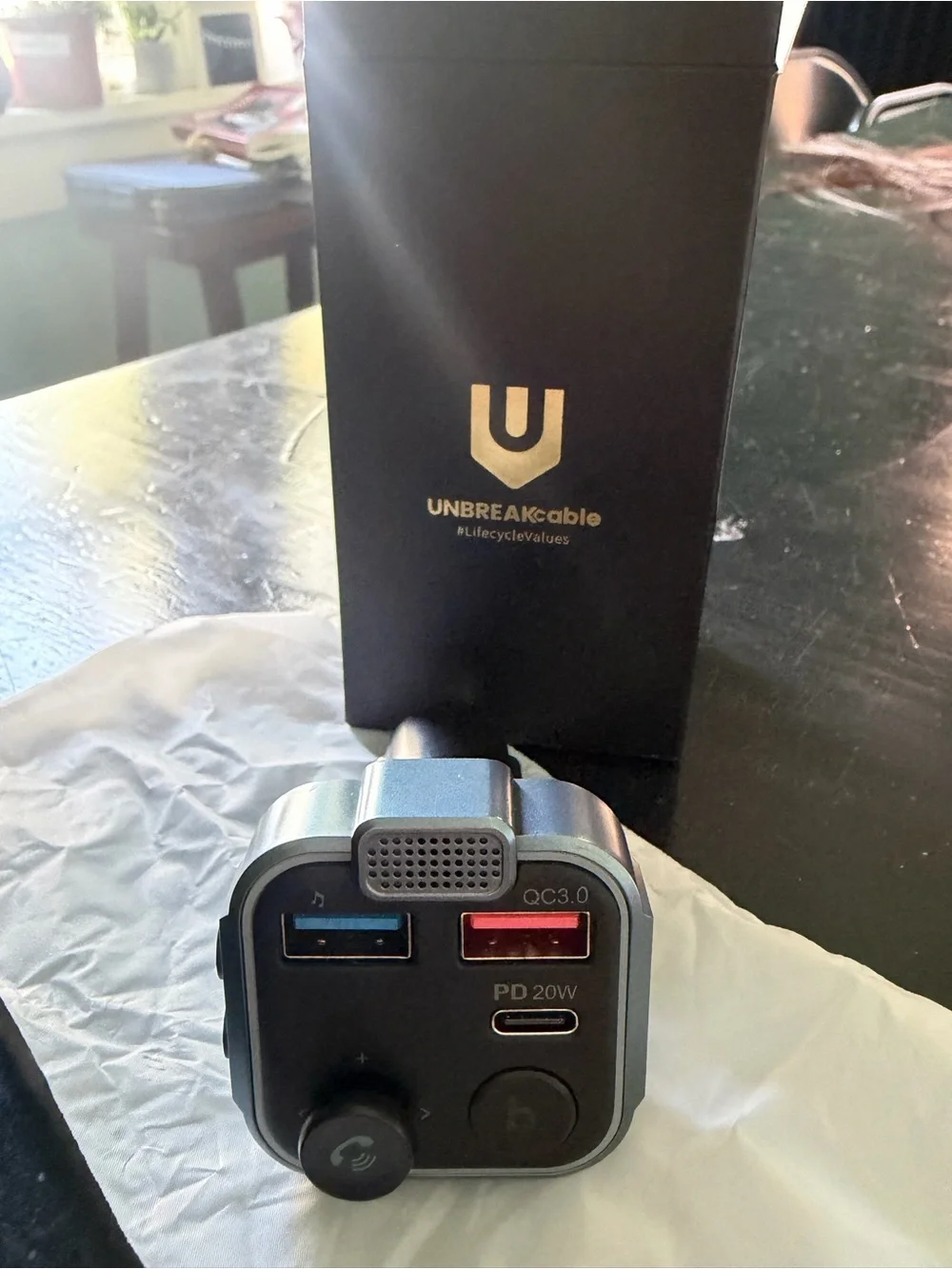UNBREAKcable Bluetooth 5.3 Car FM Transmitter - Blue/Black